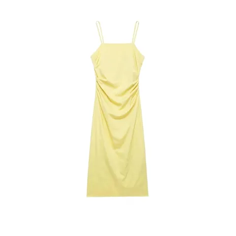Damen Elegant Gerafft Camisole Midi Kleid Ärmellos Quadratischer Ausschnitt Rückenschlitz Slim Fit Hellgelb Sommer Sexy Bodycon Kleid