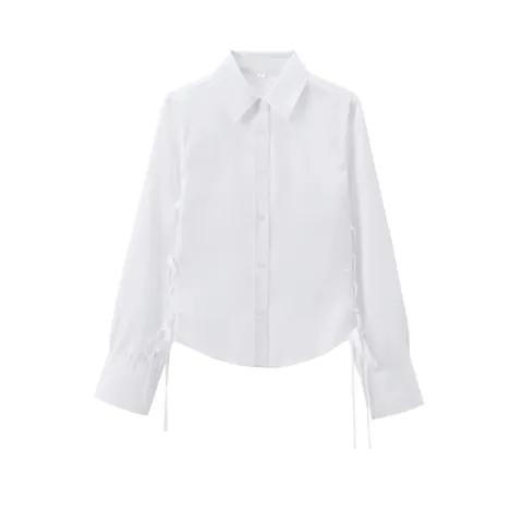 Damen Casual Weiße Langarmbluse Umlegekragen Button Down Hemd Mit Seitlichem Kordelzug Taillenbindung Detail Tops