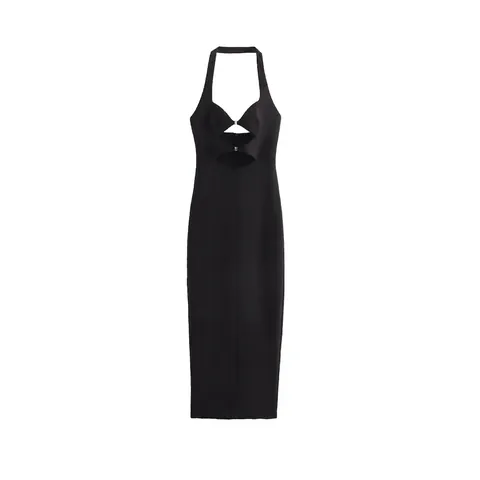 Vestido Midi Elegante sin Mangas con Cuello Halter para Mujer Ajustado Bodycon para Fiesta de Noche Color Sólido