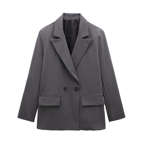 Dames Casual Double-breasted Blazer Reverskraag Losse Pasvorm Colbert Met Klepzakken Lange Mouwen Kantoor Werkjas
