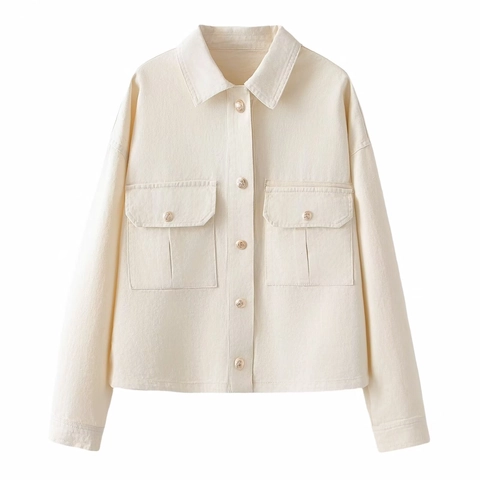 Chaqueta Vaquera de Algodón Lavado Casual para Mujer Manga Larga Cuello Solapa Botones Ropa de Abrigo Corta con Bolsillos Street Style