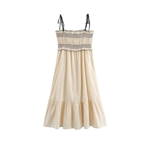 Vestido Midi Elegante de Verano para Mujer Color Crema Bordado Tirantes Ajustables Corte en A Dobladillo con Volantes Tejido