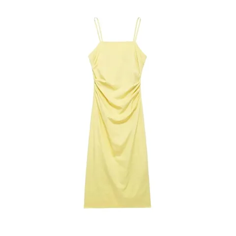 Damen Sommer Blassgelbes Cami Midi-Kleid Slim Fit Seitliche Raffung Bodycon Rückenschlitz Ärmelloses Elegantes Clubwear Kleid