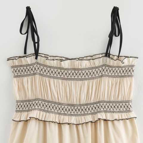 Vestido Midi Elegante de Verano para Mujer Color Crema Bordado Tirantes Ajustables Corte en A Dobladillo con Volantes Tejido