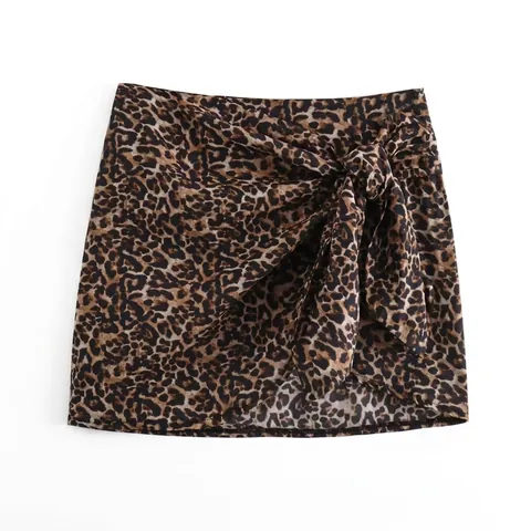 Falda Corta Cruzada con Estampado de Leopardo para Mujer con Lazo en la Cintura Moda de Verano Streetwear Falda de Poliéster