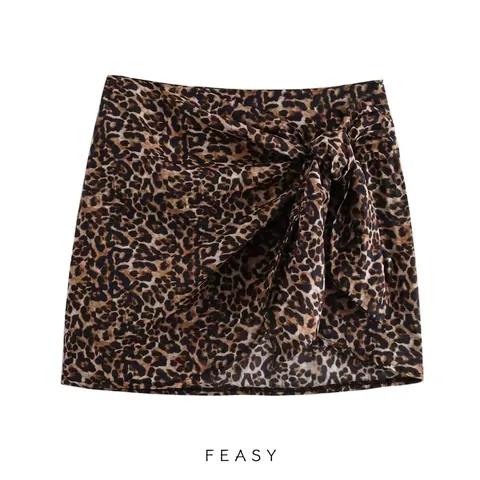 Damen Leopardenmuster Wickelrock Mini Mit Bindeschleife Taille Mode Sommer Streetwear Polyester Gewebe Kurzer Rock