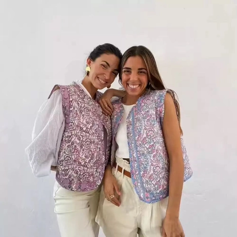 Damen Bohemian Blumenmuster Gesteppte Weste Vintage V Ausschnitt Ärmellos Offene Front Baumwolle Wattiert Weste Ethno Stil
