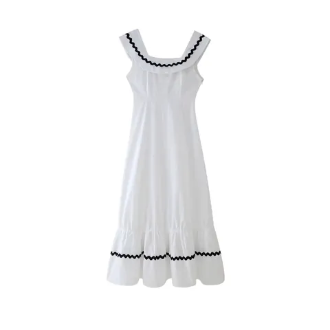Women's Summer Cotton Linen Sleeveless Maxi Dress Elegant Square Neck Rick-Rack Trim Ruffle Hem A-Line Vacation Long Dress