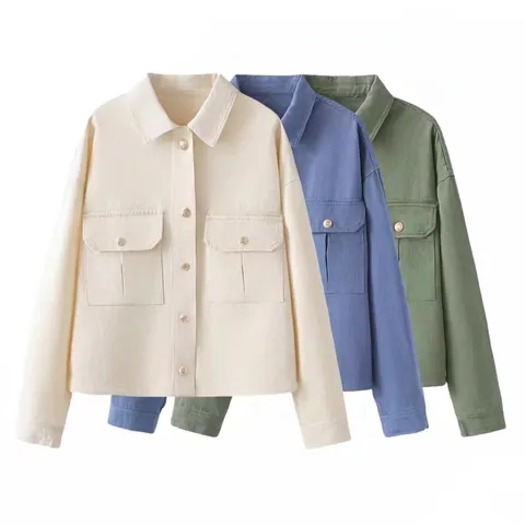 Women Casual Washed Cotton Denim Jacket Long Sleeve Turn-Down Collar Button Up Short Outerwear With Pockets Street Style