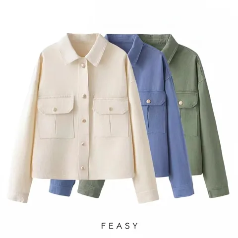 Chaqueta Vaquera de Algodón Lavado Casual para Mujer Manga Larga Cuello Solapa Botones Ropa de Abrigo Corta con Bolsillos Street Style