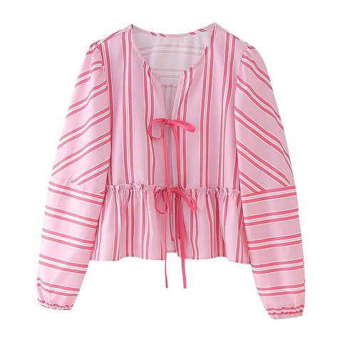 Women Casual Stripe Set With V Neck Tied Bow Ruffle Hem Long Sleeve Top And Elastic Waist Shorts Summer Outfits Co-ords