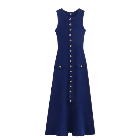 Damen Ärmelloses Strick Midi Kleid Elegant Gold Knopf Rundhals Slim Fit A-Linie Kleid Büro Dame Einfarbig Sommer Sonnenkleid
