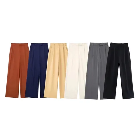 Pantalones Plisados De Talle Alto Y Pata Ancha Para Mujer Color Sólido Pantalones De Traje Rectos Casual Office Workwear