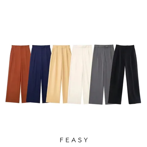 Women High Waist Wide Leg Pleated Trousers Solid Color Straight Suit Pants Casual Office Workwear Loose Trousers For Lady