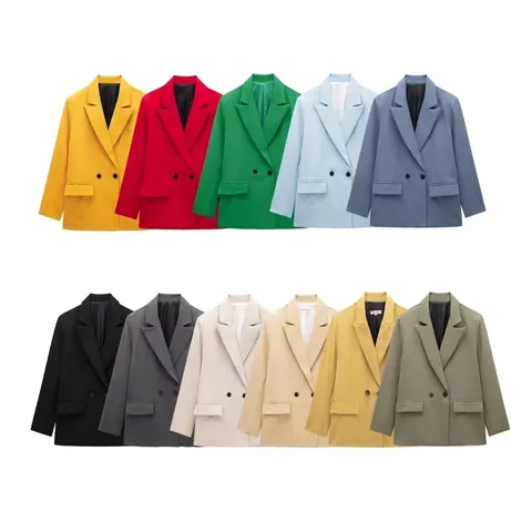 Women Casual Double Breasted Blazer Notched Lapel Loose Fit Suit Jacket With Flap Pockets Long Sleeve Office Lady Work Coat