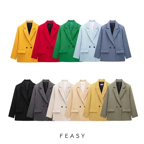 Dames Casual Double-breasted Blazer Reverskraag Losse Pasvorm Colbert Met Klepzakken Lange Mouwen Kantoor Werkjas
