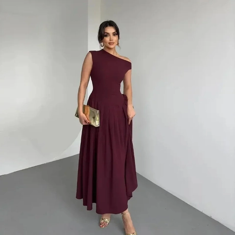 Women Asymmetric One Shoulder Pleated Maxi Dress Elegant Sleeveless High Waist A-Line Party Banquet Summer Solid Color Dress