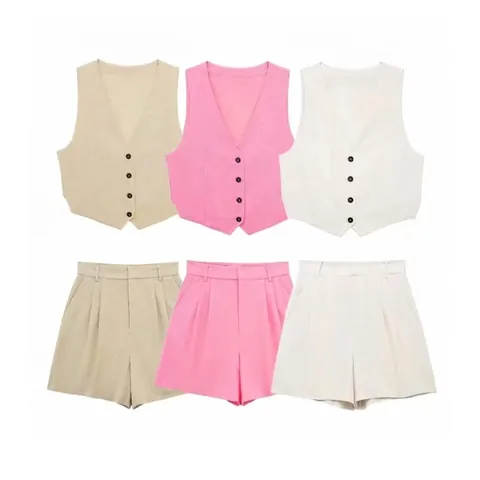 Damen Casual V-Ausschnitt Ärmellos Knopf Weste Und Hohe Taille Schlitz Shorts Zwei Teile Outfit Sommer Streetwear Mode Kleidung