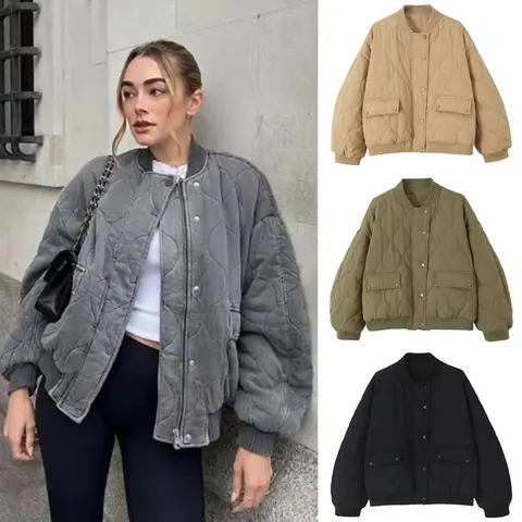 Giacca Bomber Trapuntata Casual da Donna Cappotto Imbottito in Cotone Lavato Ampio Tinta Unita Collo alla Coreana Tasche