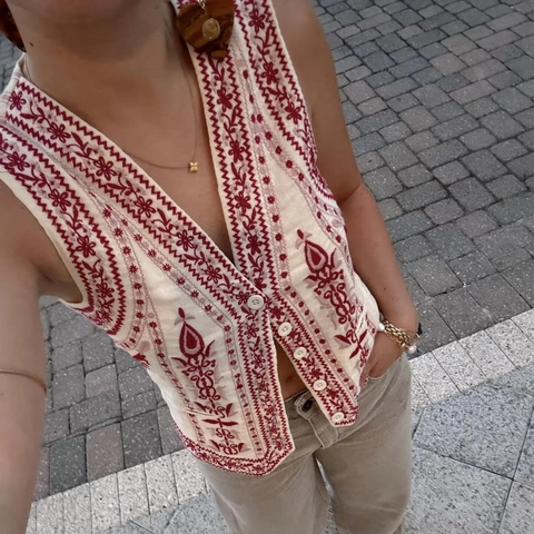 Gilet da Donna Ricamato Etnico Vintage Scollo a V Monopetto Senza Maniche Beige Ricamo Floreale Boho Streetwear Top