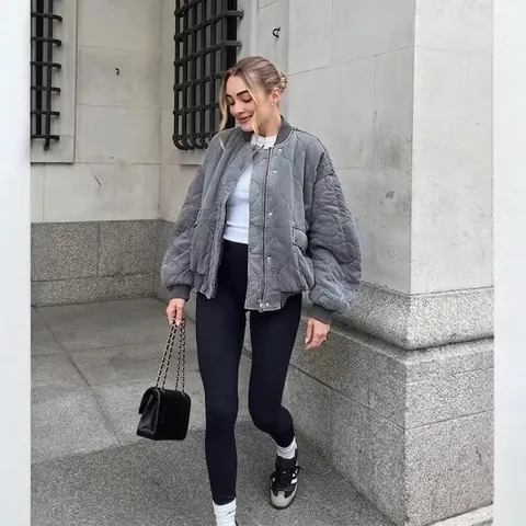 Giacca Bomber Trapuntata Casual da Donna Cappotto Imbottito in Cotone Lavato Ampio Tinta Unita Collo alla Coreana Tasche
