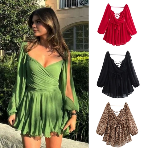 Damen Elegantes V-Ausschnitt Rückenfreies Laternenärmel Mini-Kleid Sexy Geschnürt Taille A-Linie Plissee Chiffon Partykleid