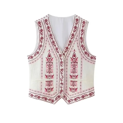 Gilet da Donna Ricamato Etnico Vintage Scollo a V Monopetto Senza Maniche Beige Ricamo Floreale Boho Streetwear Top