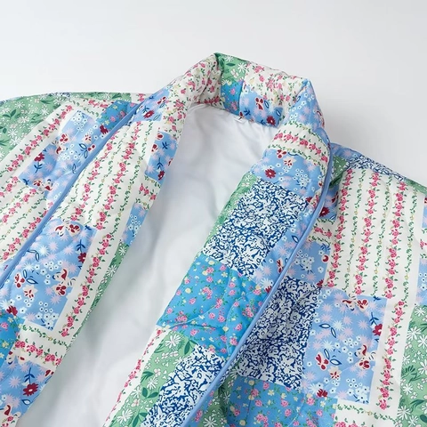 Veste Matelassée Patchwork Vintage Femme Manteau Rembourré Imprimé Floral Col Châle Ouvert Devant Mi-Long Avec Poches