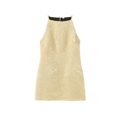 Damen Halter Mini Kleid Metallischer Glanz Plissee Textur Hohe Taille A-Linie Party Abend Club Kurzes Kleid Gold