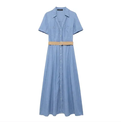 Abito a Camicia da Donna Look Denim Casual con Cintura Intrecciata Manica Corta Rever Linea A Maxi Abito Streetwear