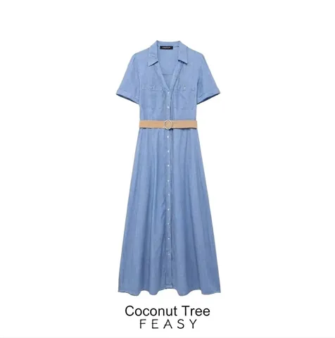 Vrouwen Zomer Casual Denim Look Overhemdjurk Met Gevlochten Riem Korte Mouw Revers A-Lijn Maxi Jurk Streetwear