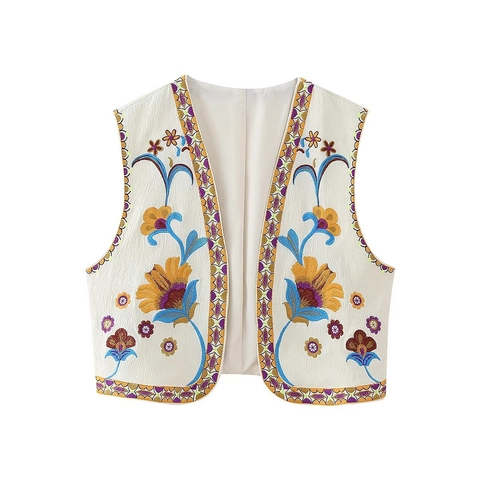 Bohemian Floral Embroidered Vest For Women Vintage Ethnic Open Front Sleeveless Waistcoat Summer Fashion Casual Top