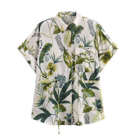 Camisa de Manga Corta Con Botones Y Estampado de Palmas Tropicales Y Pantalones de Pierna Recta Atuendo Casual de Verano