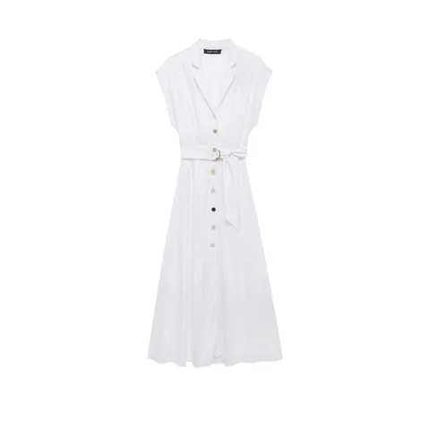 Damen Sommer Ärmelloses Hemdkleid V-Ausschnitt Einreihig A-Linie Maxikleid Mit Taillengürtel Weiß Casual Pendelkleid