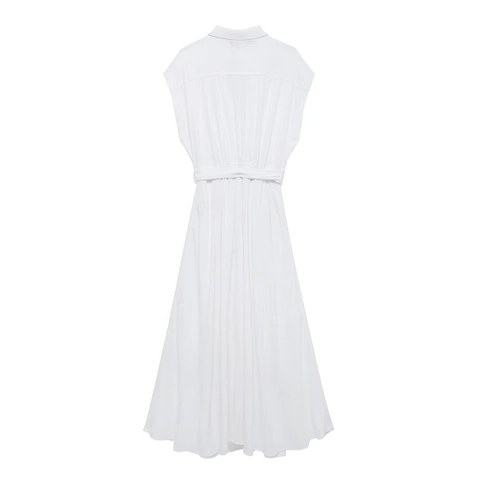 Damen Sommer Ärmelloses Hemdkleid V-Ausschnitt Einreihig A-Linie Maxikleid Mit Taillengürtel Weiß Casual Pendelkleid