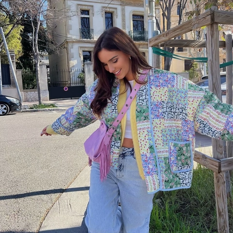 Veste Matelassée Patchwork Vintage Femme Manteau Rembourré Imprimé Floral Col Châle Ouvert Devant Mi-Long Avec Poches