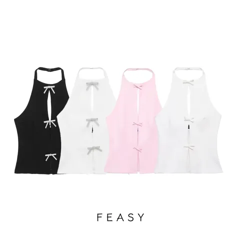 Top da Donna con Scollo all'Americana e Decorazione a Fiocco Schiena Scoperta Strass Slim Fit Canotta Estiva Gilet per Donna
