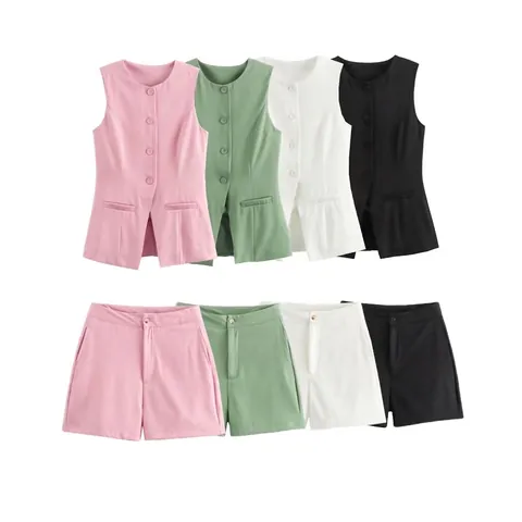 Completo Casual da Donna Due Pezzi Gilet Senza Maniche con Bottoni e Pantaloncini a Vita Alta Tinta Unita Streetwear Estivo