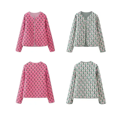 Damen Retro Steppjacke Blumendruck V-Ausschnitt Langarm Leichtwattierter Mantel Kontrastbesatz Casual Outerwear Cardigan