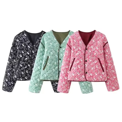 Women Paisley Print Quilted Jacket V Neck Single Breasted Long Sleeve Street Casual Vintage Light Padded Jacket Coat