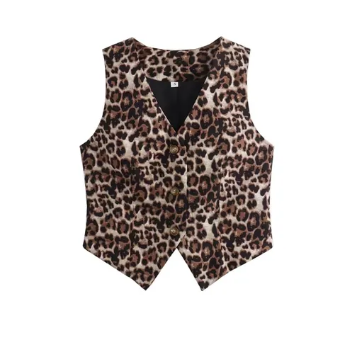 Women Vintage Leopard Print Vest Waistcoat V-Neck Button Down Sleeveless Crop Top Irregular Hem Fashion Streetwear Jacket