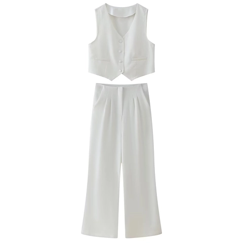 Women Sleeveless V Neck Vest And High Waisted Wide Leg Pants Office Commute Solid Color Elegant Top Trousers Clothing