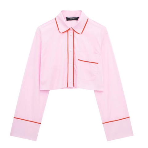 Women Casual Pink Poplin Shirt And Pants Set Contrast Red Piping Long Sleeve Crop Top Elastic Waist Pajama Pants Set