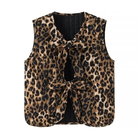 Chaleco Acolchado de Pana con Estampado de Leopardo para Mujer con Lazos Delanteros Cuello en V Casual Streetwear