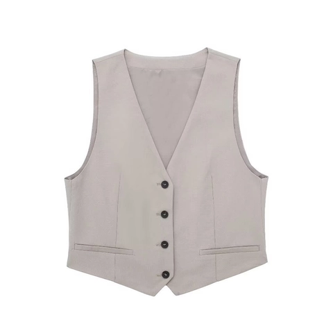 Women Casual V Neck Vest And High Waist Straight Leg Pants Grey Office Commute Sleeveless Top Trousers Outfits