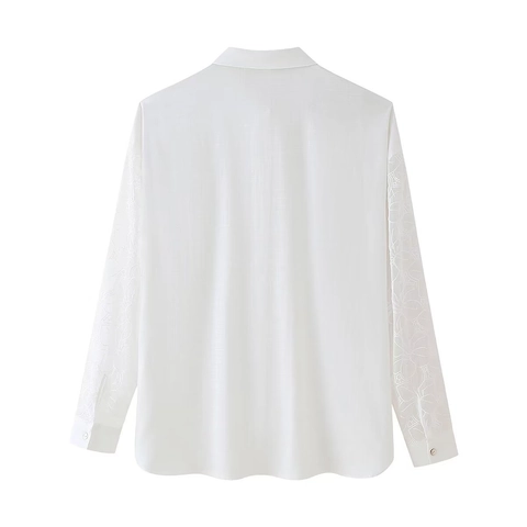 Camicia in Lino Donna con Maniche Ricamate Bianca Blusa Manica Lunga Traforata Ricamo Floreale Monopetto Top Casual