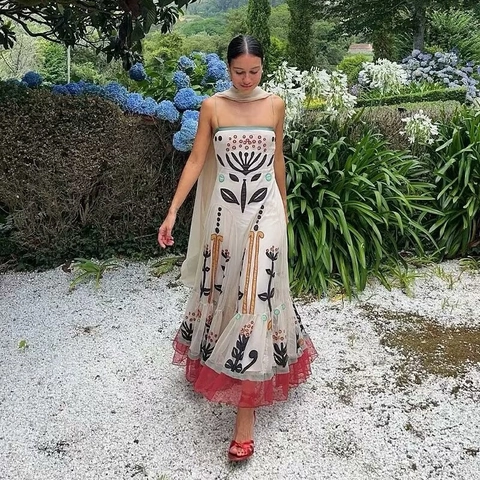 Women Bohemian Floral Print Slip Maxi Dress Sleeveless High Waist A-Line Long Beach Vacation Dress With Layered Mesh Hem