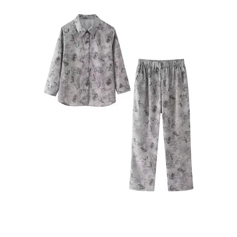 Women's Casual Leaf Print Two-Piece Set Elegant Beaded Long Sleeve Shirt And Straight Pants Grey Polyester Fashion Outfit