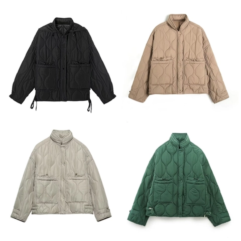 Damen Casual Wellen Gesteppte Kapuzenjacke Leichtgewicht Polyester Wattierte Oberbekleidung Mit Taschen Und Kordelzug