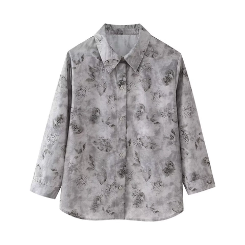 Women's Casual Leaf Print Two-Piece Set Elegant Beaded Long Sleeve Shirt And Straight Pants Grey Polyester Fashion Outfit